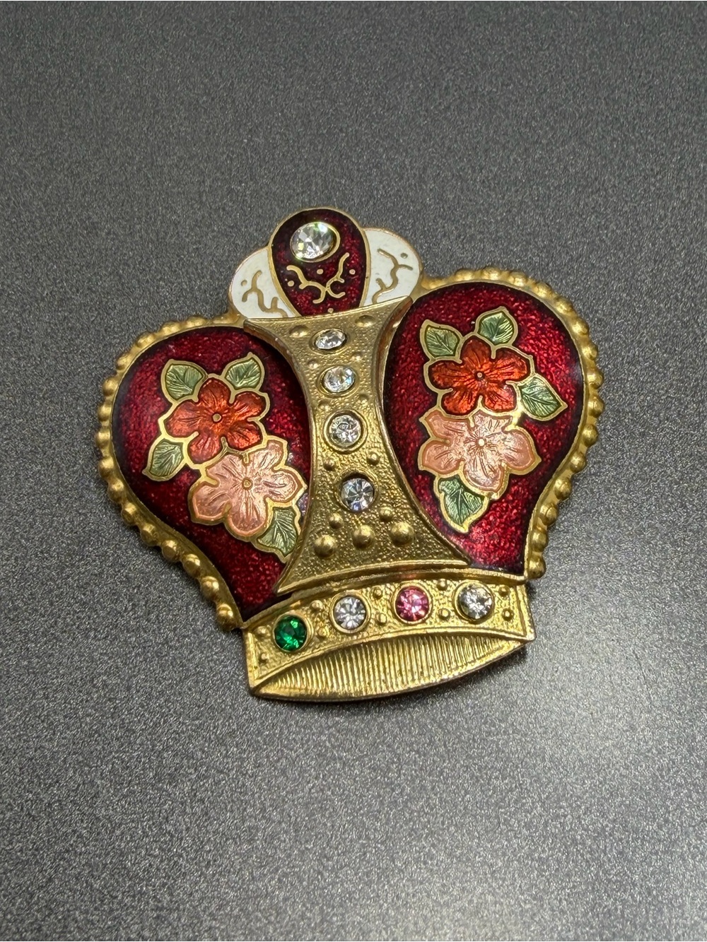 Vintage Red Cloisonné  Crown Brooch with Gold tones #325ub